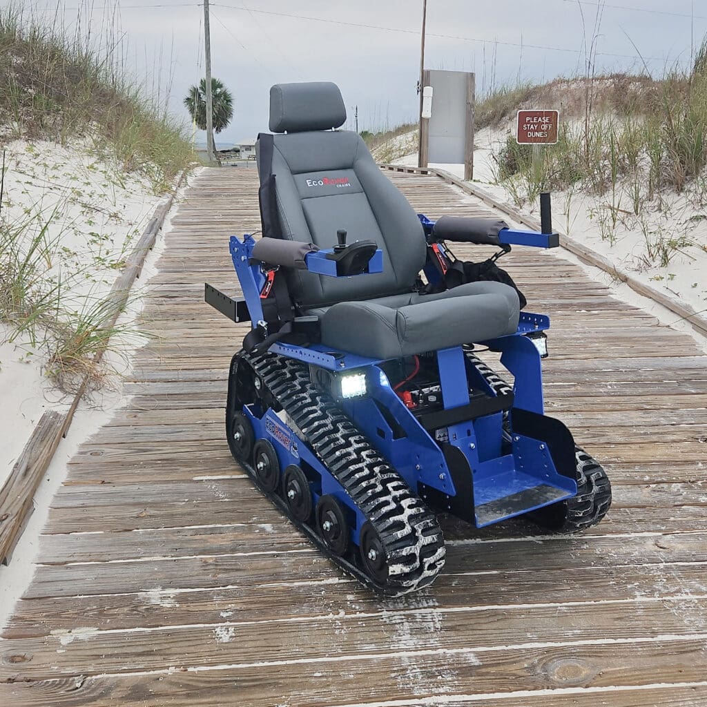 picture of eco-accessible wheelchair on beach access boardwalk